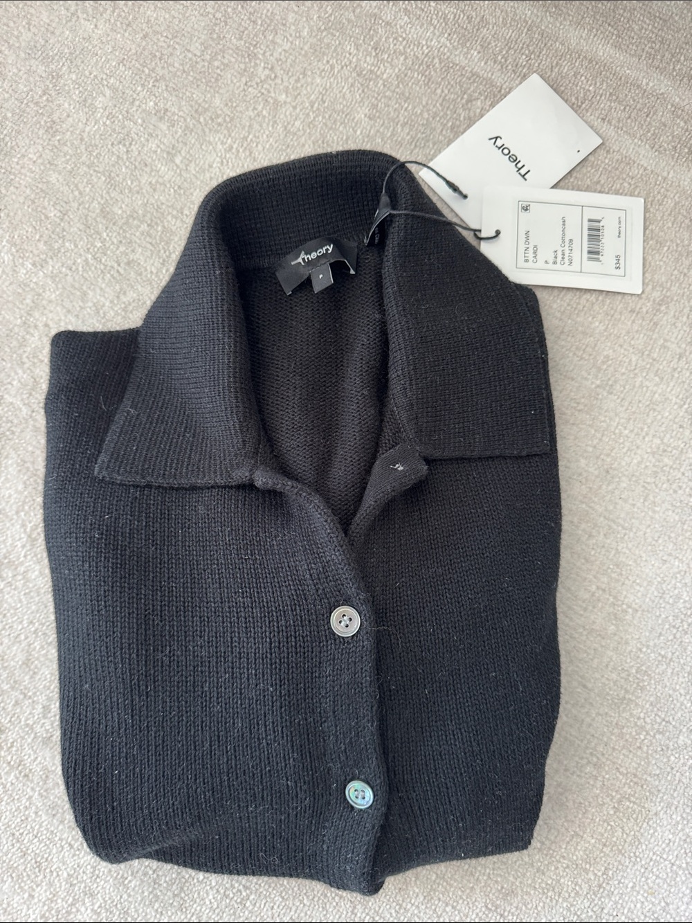 Theory BTTN DWN Cardigan Sweater Black Cotton Cashmere Blend NWT Petite P